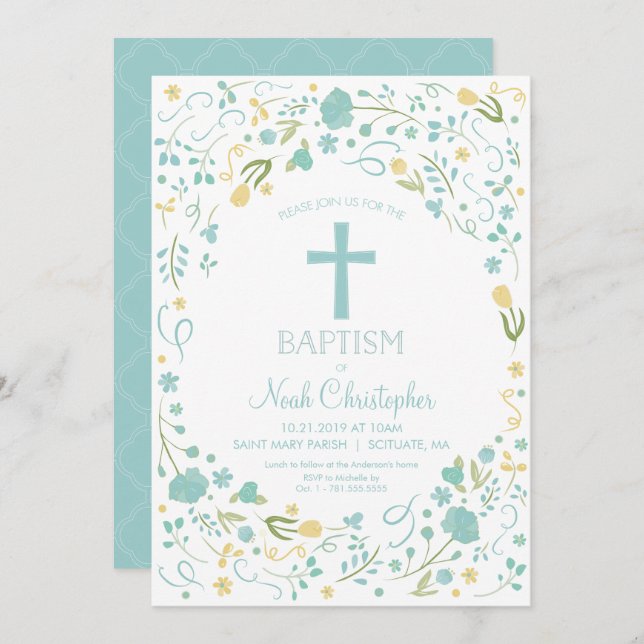 Pojks baptism-inbjudan, vacker Kor, blommor Inbjudningar (Fram/baksida)