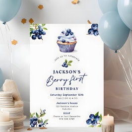 Pojks Berry First Birthday Watercolor Bluebär Inbjudningar
