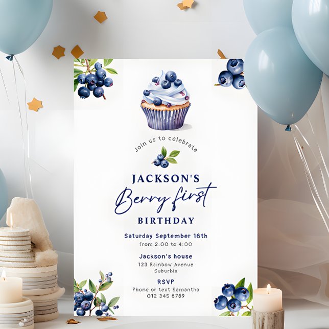 Pojks Berry First Birthday Watercolor Bluebär Inbjudningar (Skapare uppladdad)