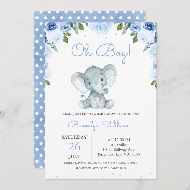 Pojks blå Blommigt Elephant Baby Shower Inbjudningar (Fram/baksida)