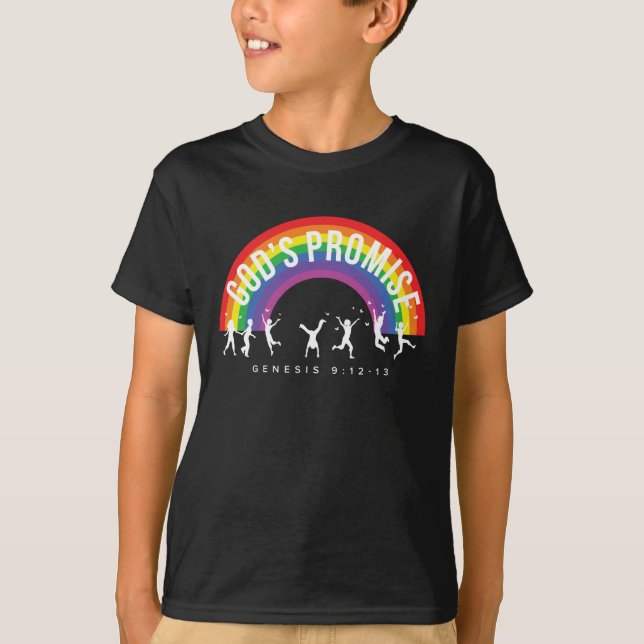 Pojks Black T-Shirt Rainbow Guds löfte w/Kids (Framsida)