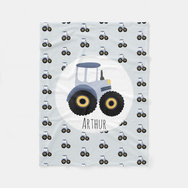 Pojks Cute Blue Tractor Mönster & Namn Children's Fleecefilt (Framsidan)