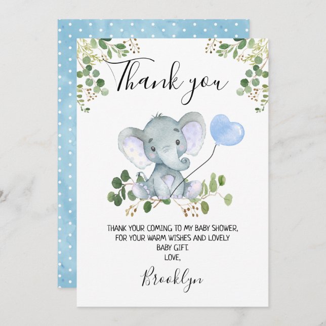 Pojks elefant Baby Shower Tack du Card Inbjudningar (Fram/baksida)