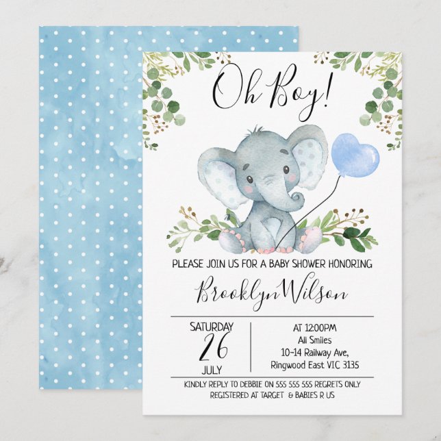 Pojks elefant Watercolor Baby Shower-inbjudan Inbjudningar (Fram/baksida)