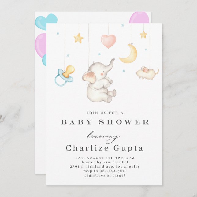 Pojks elefant Watercolor Baby Shower-inbjudan Inbjudningar (Fram/baksida)
