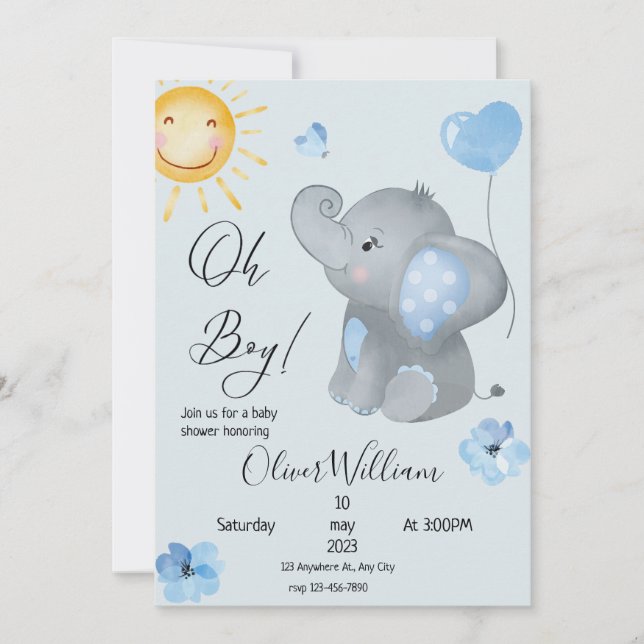 Pojks Elephant Watercolor Baby Shower Inbjudningar (Framsida)