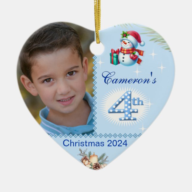 Pojks fjärde julklapp Anpassningsbar Photo Heart G Julgransprydnad Keramik (Framsidan)