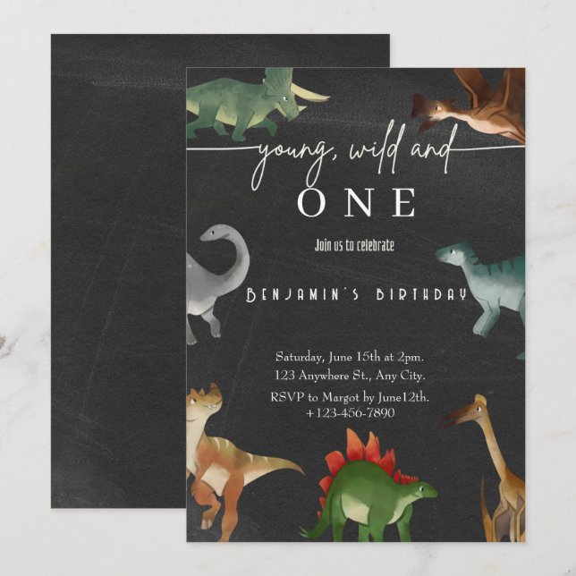 Pojks första födelsedag inbjudan söt dinosaur part (Fram/baksida)