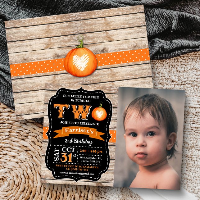 Pojks Pumpkin 2:a födelsedagsfoto Inbjudningar (Skapare uppladdad)