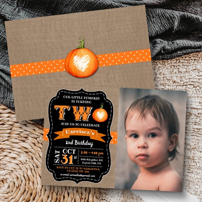 Pojks Pumpkin 2:a födelsedagsfoto Inbjudningar (Skapare uppladdad)