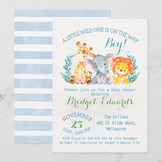 Pojks safari Animals Baby Shower-inbjudan Inbjudningar (Fram/baksida)