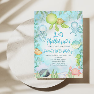 Pojks Shellebrate Sea Turtle under Sea Birthday Inbjudningar
