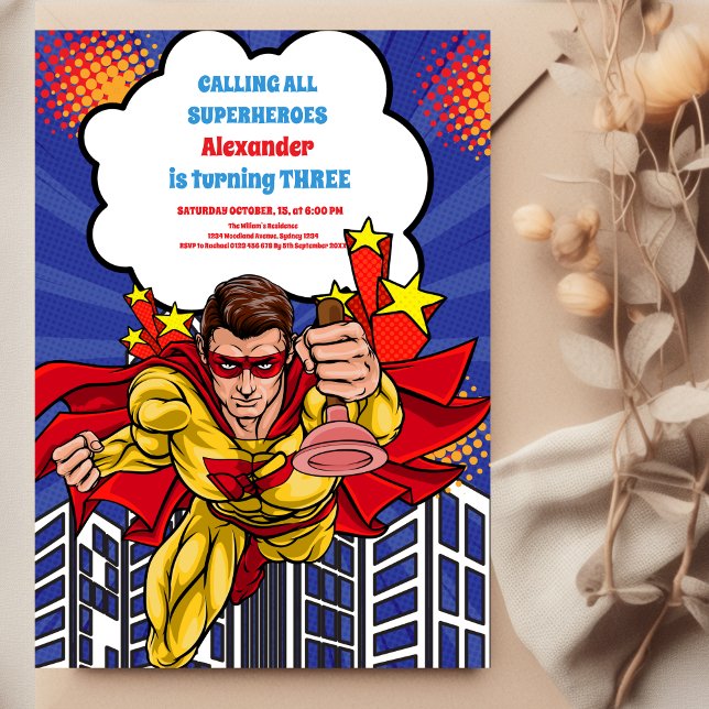 Pojks superhjälte Tecknad Birthday Inbjudningar (Skapare uppladdad)