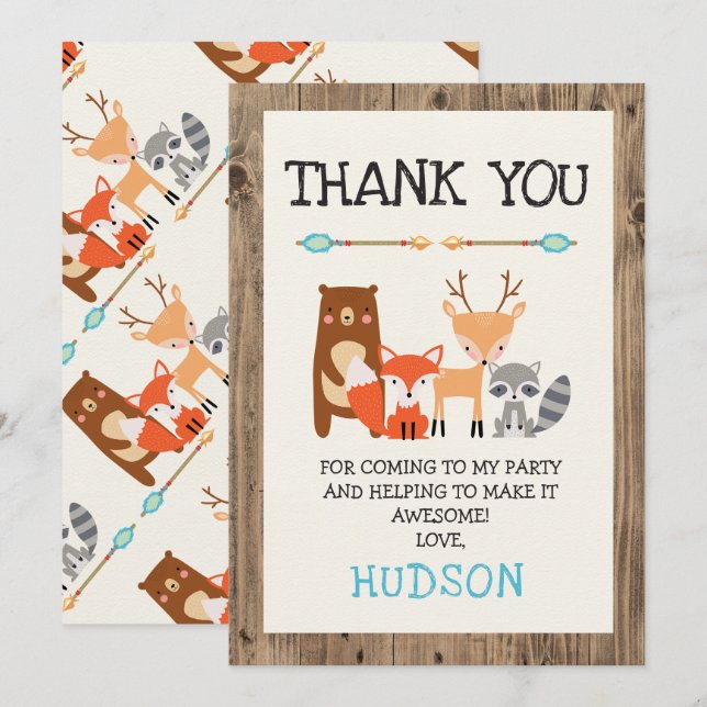 Pojks Woodland Animals Birthday Tack du Card Inbjudningar (Fram/baksida)