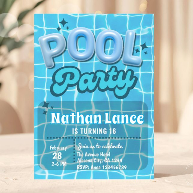 Pojksommar Blå Pool Födelsedagsfest Inbjudningar (pool party invitation, summer birthday invite, teen birthday invitation, sweet 16 pool party, blue w)