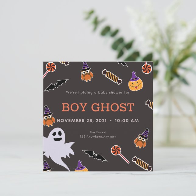 Pojkspökhalloween babydusch liten boo invitat inbjudningar (Stående Fram)