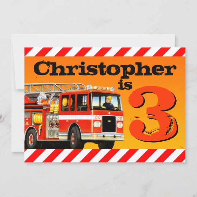 Pojkys Anpassningsbar Fire Lastbil 3:e födelsedage Inbjudningar (Framsida)