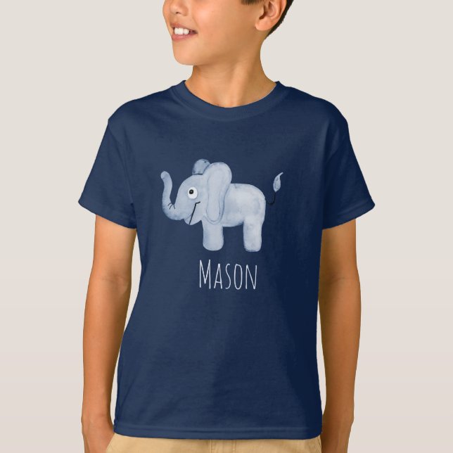 Pojkys blå vattenfärg Elephant Safari med Namn T Shirt (Framsida)