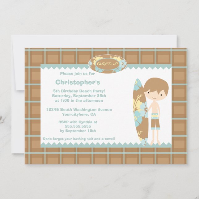 Pojkys surfa simmar födelsedagsfest inbjudan (Framsida)