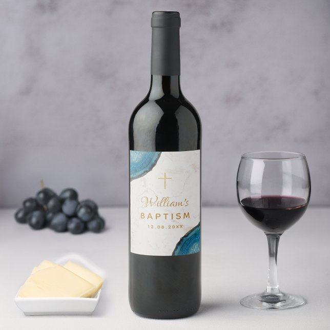 Pojpdop dop blått geod guldkors vit marmor vinflaska etikett (Skapare uppladdad)