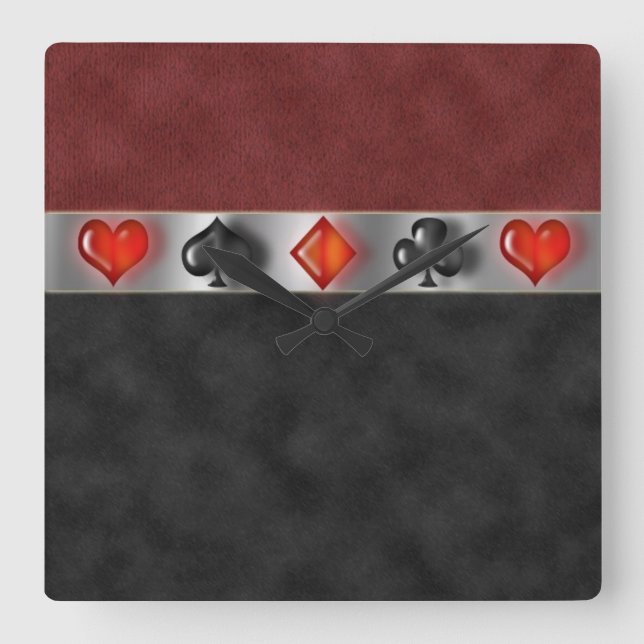 Poker Cards Suite Games Digital Black Suede Fyrkantig Klocka (Framsida)