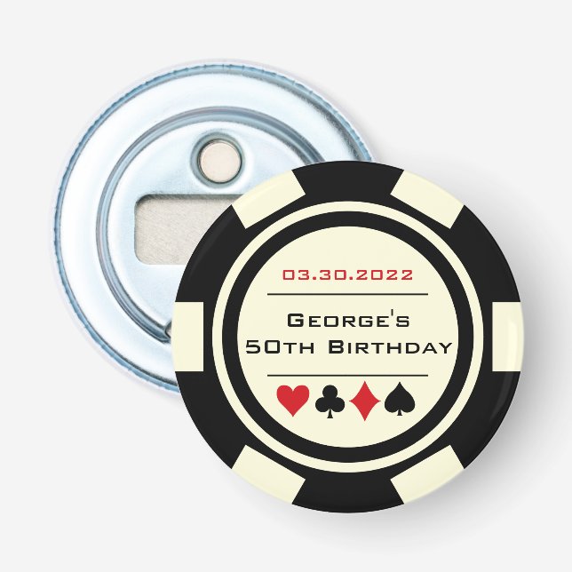 Poker Chip Casino Black Cream White Birthday Flasköppnare (Framsidan)