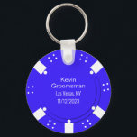 Poker Chip Casino Thabel Wedding Favor Nyckelring<br><div class="desc">Las Vegas-kasinon spelar bröllop-groomsman-nyckelringens gåva i ett blått och vitt poker-chip utseende. Anpassa all text fält till kostym som bröllop behöver. Matchande produkter är tillgängliga.</div>