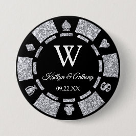 Poker Chip kasino-bröllopsförmån för silver Glitte Knapp