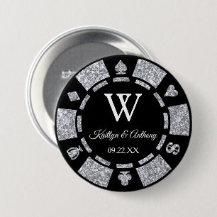 Poker Chip kasino-bröllopsförmån för silver Glitte Knapp