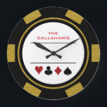 Poker Chip Man Cave Black och Guld Stor Klocka<br><div class="desc">Var upphetsad varje gång du tittar på din klocka med den här unika,  runda,  vita och guld-poker,  chip stil-akrylklockan! Anpassa toppen med din egen formulering.</div>