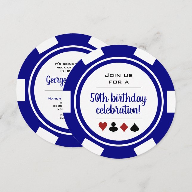 Poker Chip Navy Blue White Vegas Casino Birthday Inbjudningar (Fram/baksida)
