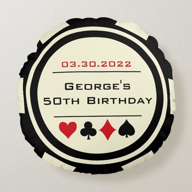 Poker Chip Stil Black and Creamy White Birthday Rund Kudde (Framsidan)