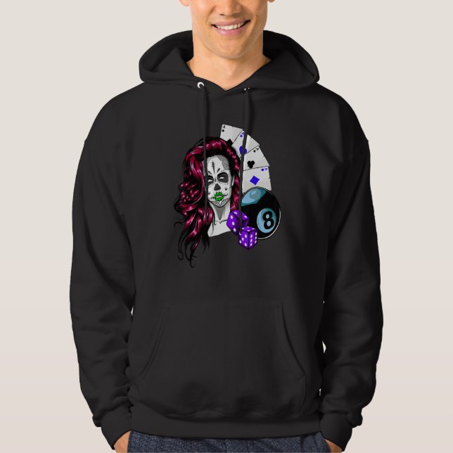 Poker Dam Gambling Rolling Dice Skull Ansikte Hoodie (Framsida)