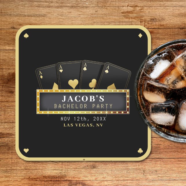 Poker Ess Black & Gold Svärmannafest Underlägg Papper Kvadrat (Poker Aces Black & Gold Bachelor Party Square Paper Coaster
)