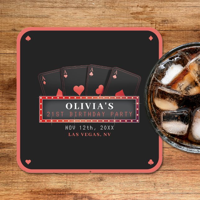Poker Ess Red & Black 21-årsfest Underlägg Papper Kvadrat (Poker Aces Red & Black 21st Birthday Party Square Paper Coaster
)