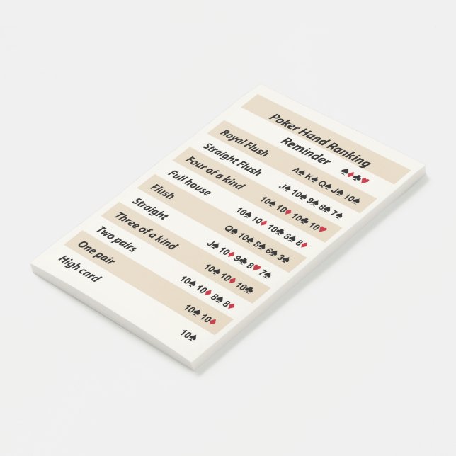 Poker Hand Rankningspåminnelse med Beige Rand Post-it Block (Vinklad)
