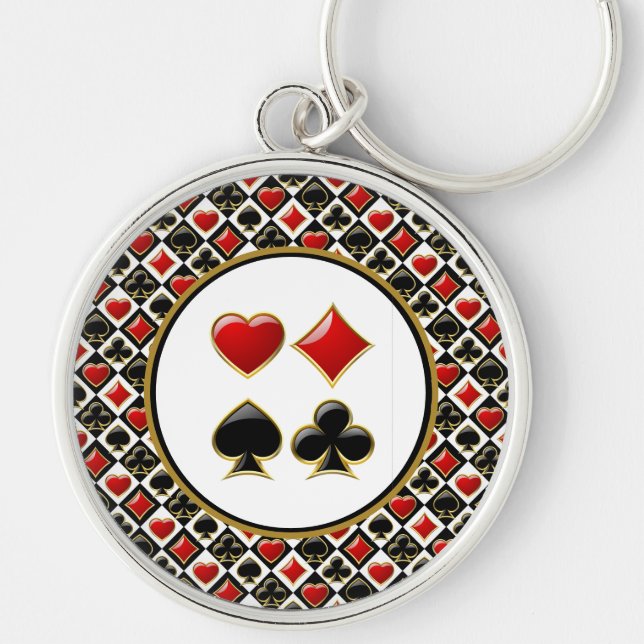 Poker Kort Färger  Rund Silverfärgad Nyckelring (Framsidan)