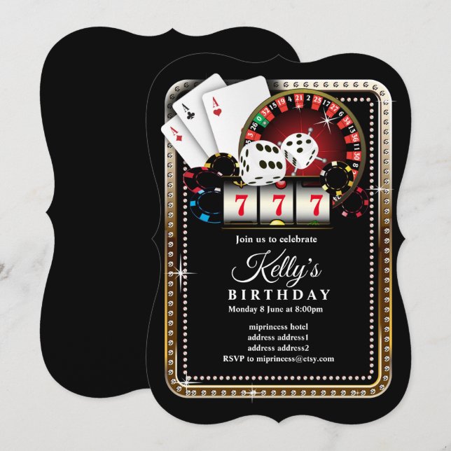 Poker-spelkort 7 7 7, kasino party inbjudan (Fram/baksida)