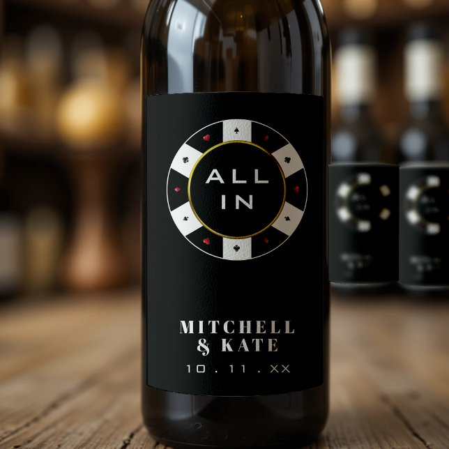 Pokerchip All In Bröllop Svart Vinflaska Etikett (Poker Chip All In Wedding Black Wine Label
)