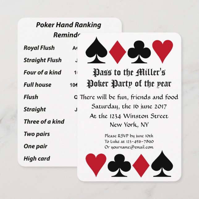Pokerpartyinbjudan med räcker rangpåminnelse inbjudningar (Fram/baksida)
