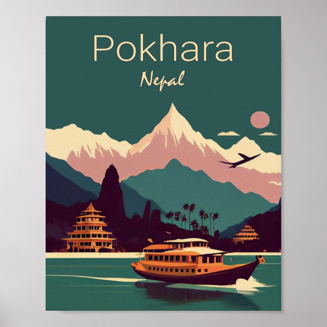 Pokhara Nepal Minimalist Vintage Travel Poster (Framsidan)