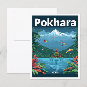 Pokhara Nepal Vintage Art Travel Illustration Vykort