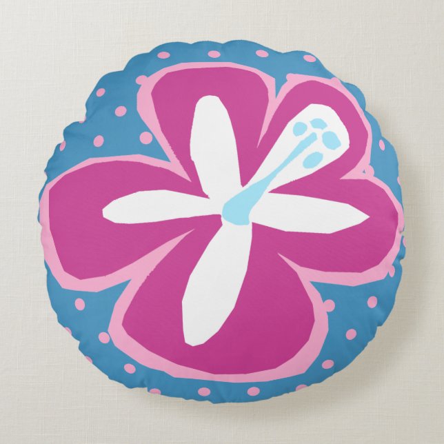 Pokii Hawaiian Aloha Hibiscus Polka Dot Reversible Rund Kudde (Framsidan)
