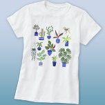 Poktad växt t shirt<br><div class="desc">Perfekt för alla som har en grönt tumme eller finger,  har denna utformning en roligt hemmaväxt mönster,  med färgstarka kaktusar,  kulor och andra växter i marinblått och koboltblått växthus. Perfekt för alla trädgårdsmästare eller växtpersoner. Originalkonst av Nic Squirrell.</div>