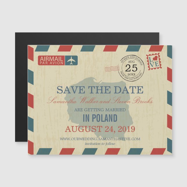 POLAND Antique Airmail Spara datum Magnetisk Inbjudningskort (Fram/baksida)
