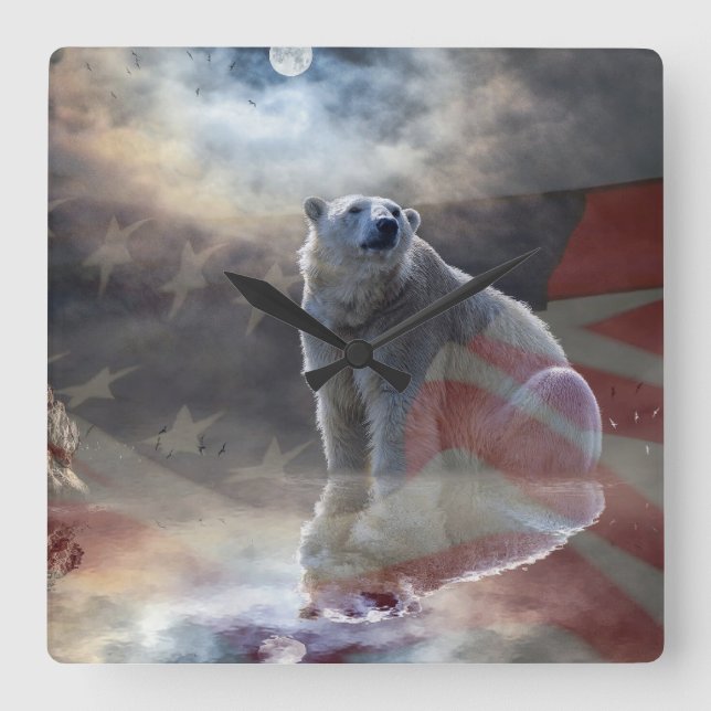 Polar Bear American Flagga Fyrkantig Klocka (Framsida)