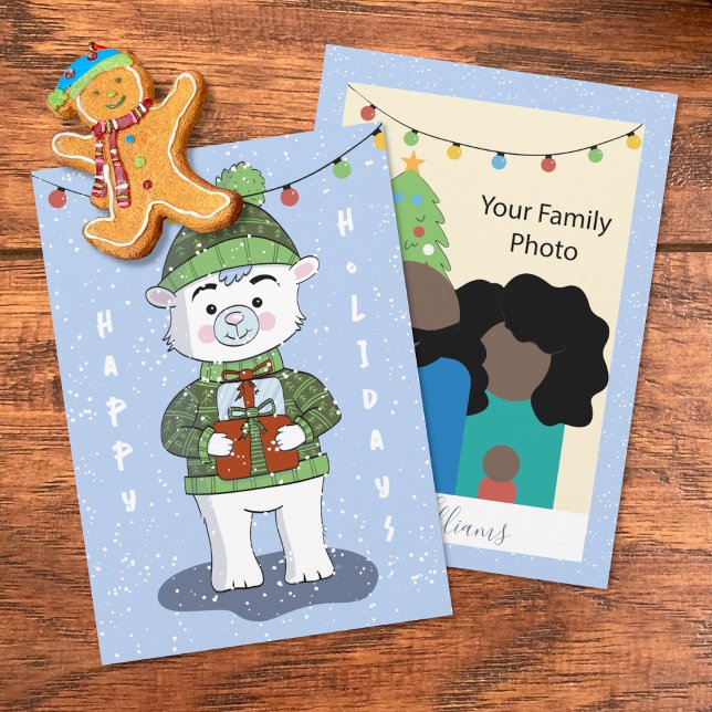 Polar Bear and Family Photo Flat Helgdag Card Julkort (Whimsical family photo Holiday card . )