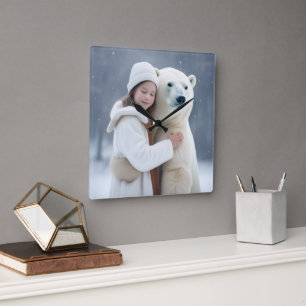 Polar Bear and Girl Hug Fyrkantig Klocka