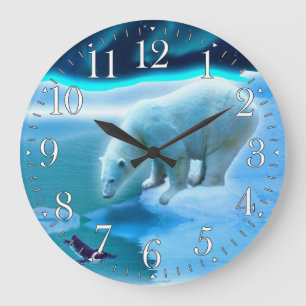 Polar Bear & Arktis Penguin Aurora Art Clock Stor Klocka