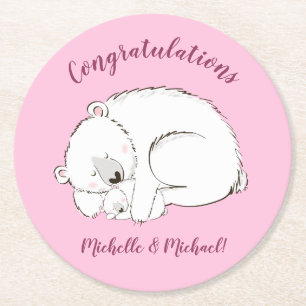 Polar Bear Baby Shower Rosa Girl Girl Underlägg Papper Rund